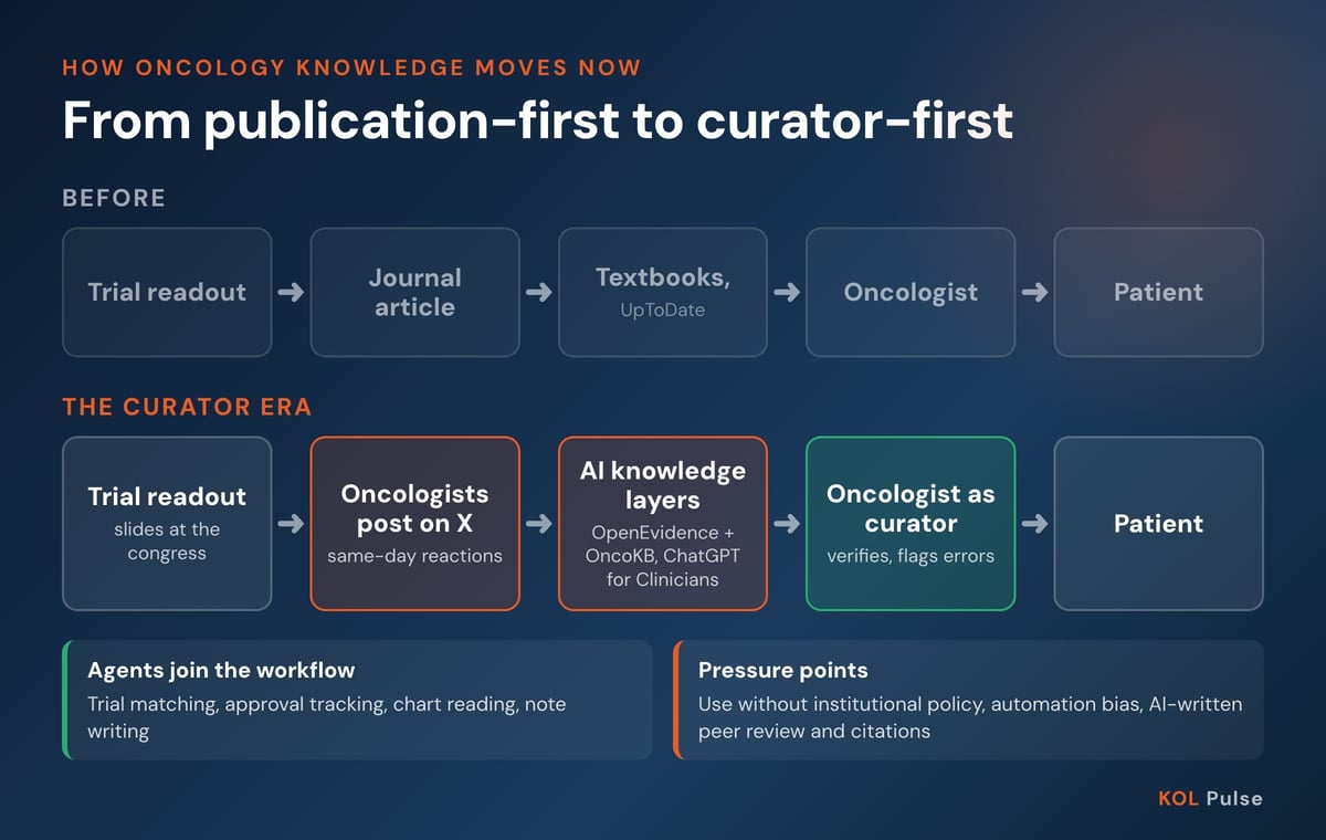 Diagram: how oncology knowledge moves now. Before: trial readout, journal article, textbooks and UpToDate, oncologist, patient. Curator Era: trial readout, oncologists post on X, AI knowledge layers such as OpenEvidence with OncoKB and ChatGPT for Clinicians, oncologist as curator, patient.
