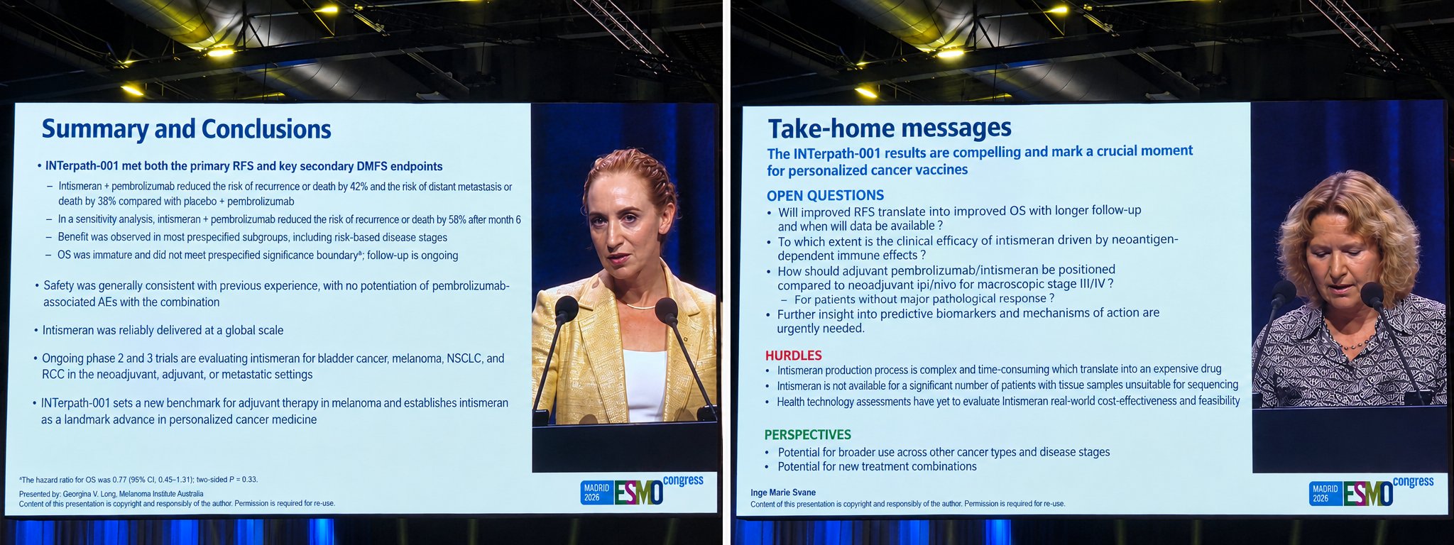 INTerpath-001 ESMO 2026 LBA1 slides: Georgina V. Long summary and conclusions, and discussant Inge Marie Svane take-home messages on intismeran autogene plus pembrolizumab in resected melanoma