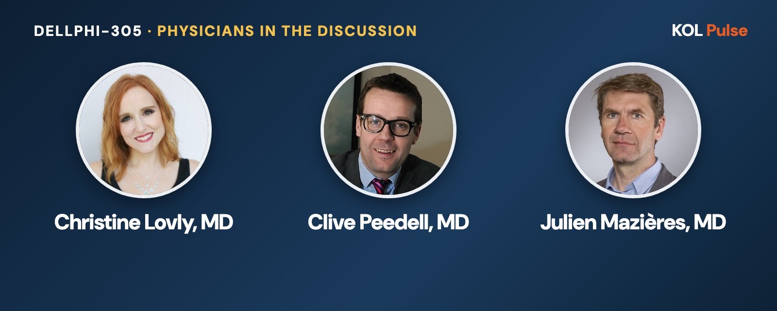 DeLLphi-305: physicians in the ESMO 2026 discussion Headshots of Christine Lovly, MD, Clive Peedell, MD and Julien Mazières, MD, the physicians quoted on DeLLphi-305 (extensive-stage small cell lung cancer) at ESMO 2026