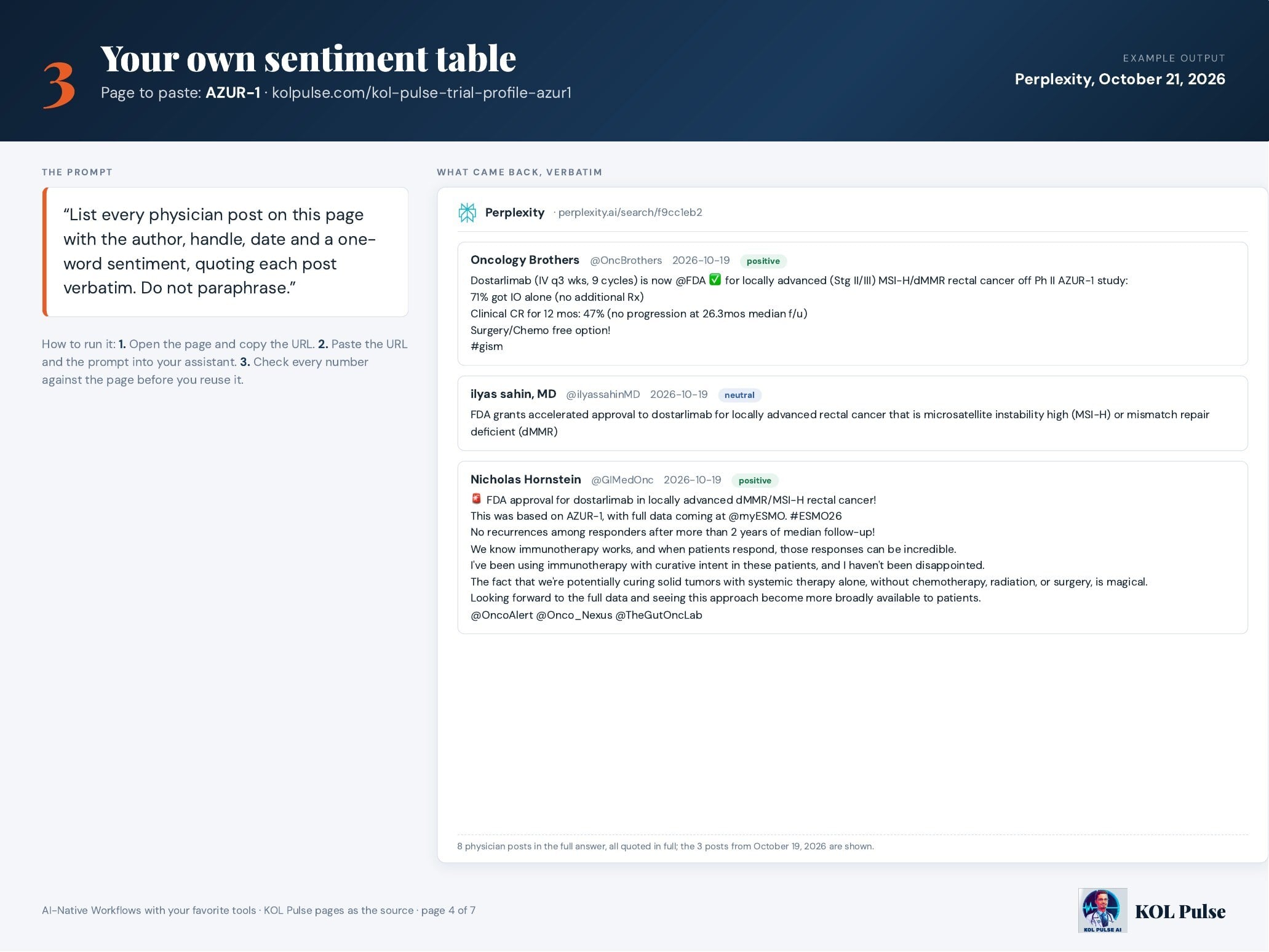 KOL Pulse AI-native workflow 3: Your own sentiment table. The prompt pasted with the AZUR-1 page, and the answer returned verbatim (October 21, 2026).