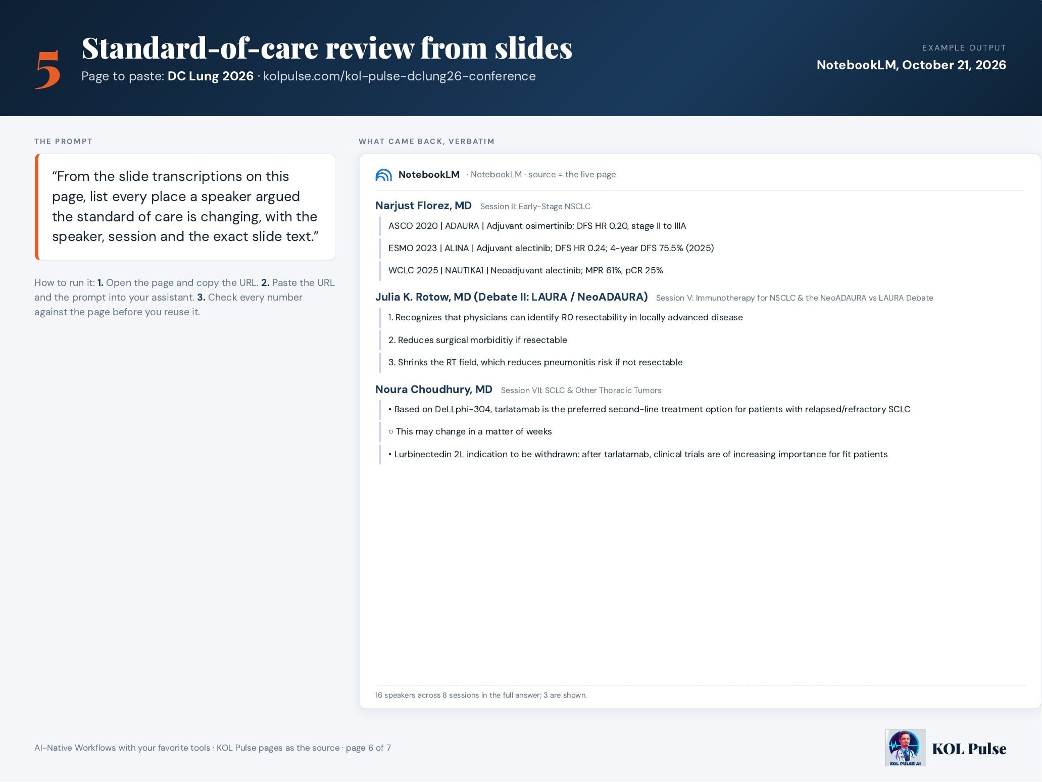 KOL Pulse AI-native workflow 5: Standard-of-care review from slides. The prompt pasted with the DC Lung 2026 page, and the answer returned verbatim (October 21, 2026).