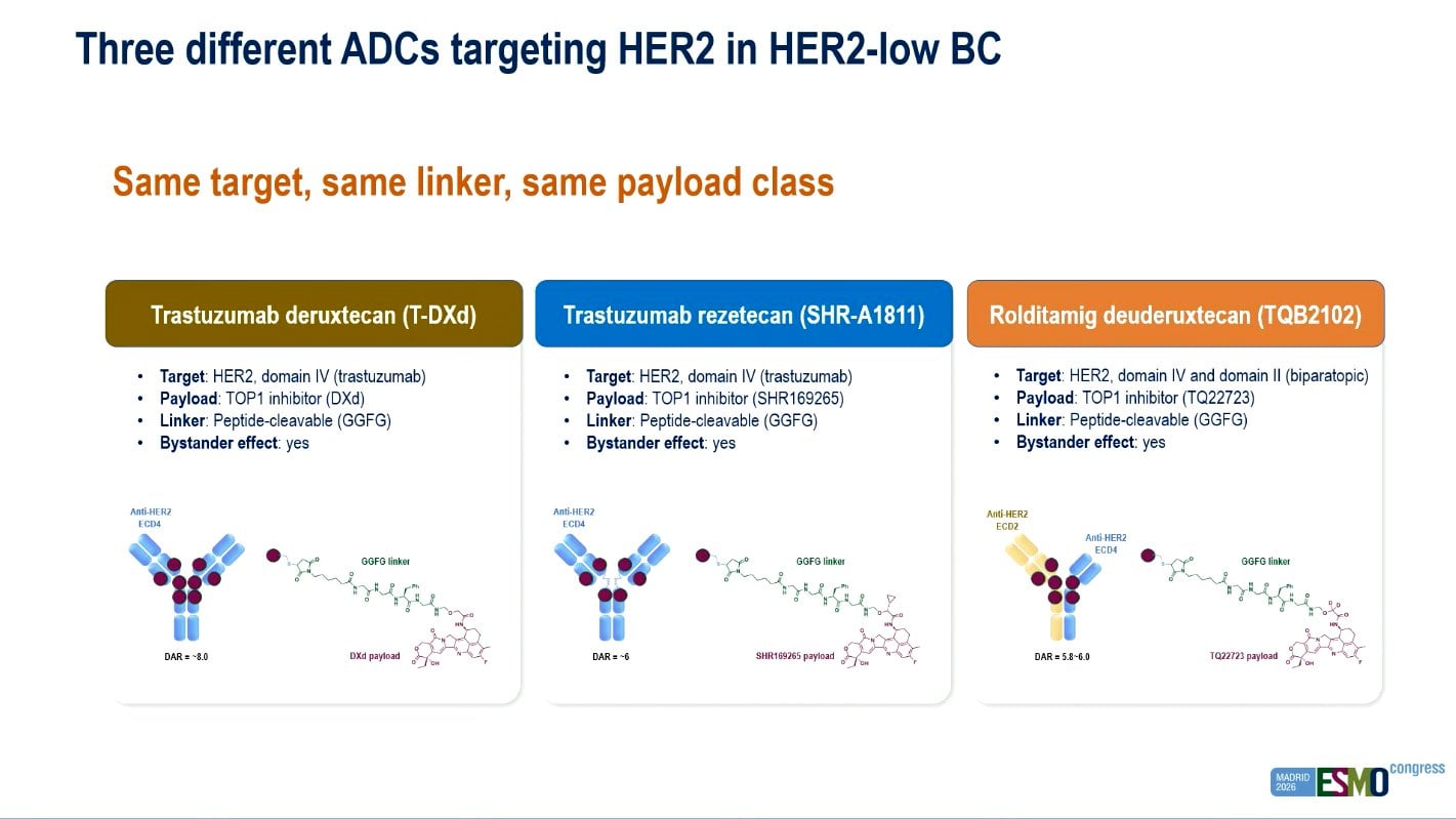 Yakup Ergun ESMO 2026 slide photo: discussant slide Three different ADCs targeting HER2 in HER2-low breast cancer - trastuzumab deruxtecan, trastuzumab rezetecan (SHR-A1811) and rolditamig deuderuxtecan (TQB2102), same target, same GGFG linker, same TOP1 payload class