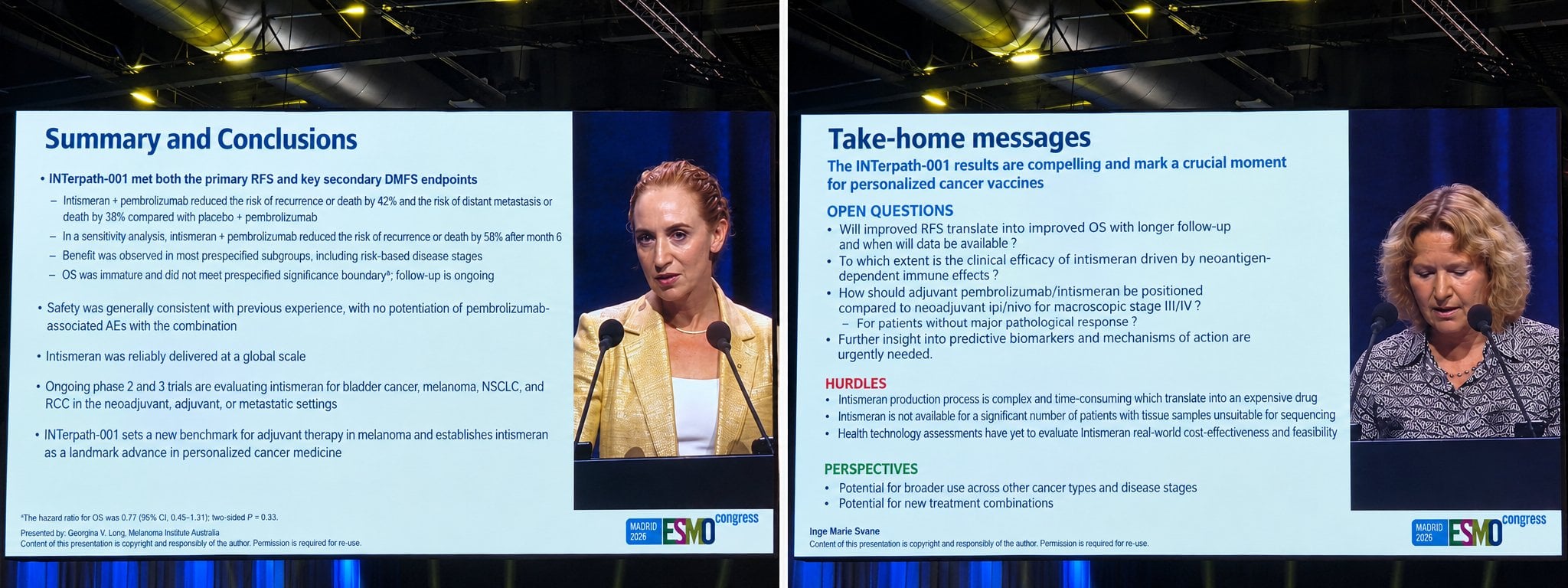 Prof. Dr. Ahmet Dirican ESMO 2026 slide photo: INTerpath-001 summary and conclusions presented by Georgina V. Long (RFS and DMFS met, OS HR 0.77, 95% CI 0.45-1.31, P=0.33) beside discussant Inge Marie Svane's take-home messages, open questions and hurdles