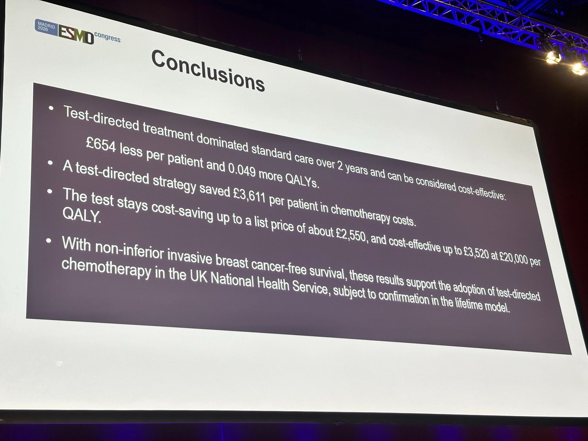 Peter Dubsky ESMO 2026 slide photo: conclusions of the OPTIMA within-trial economic analysis of test-directed chemotherapy in high-risk early breast cancer