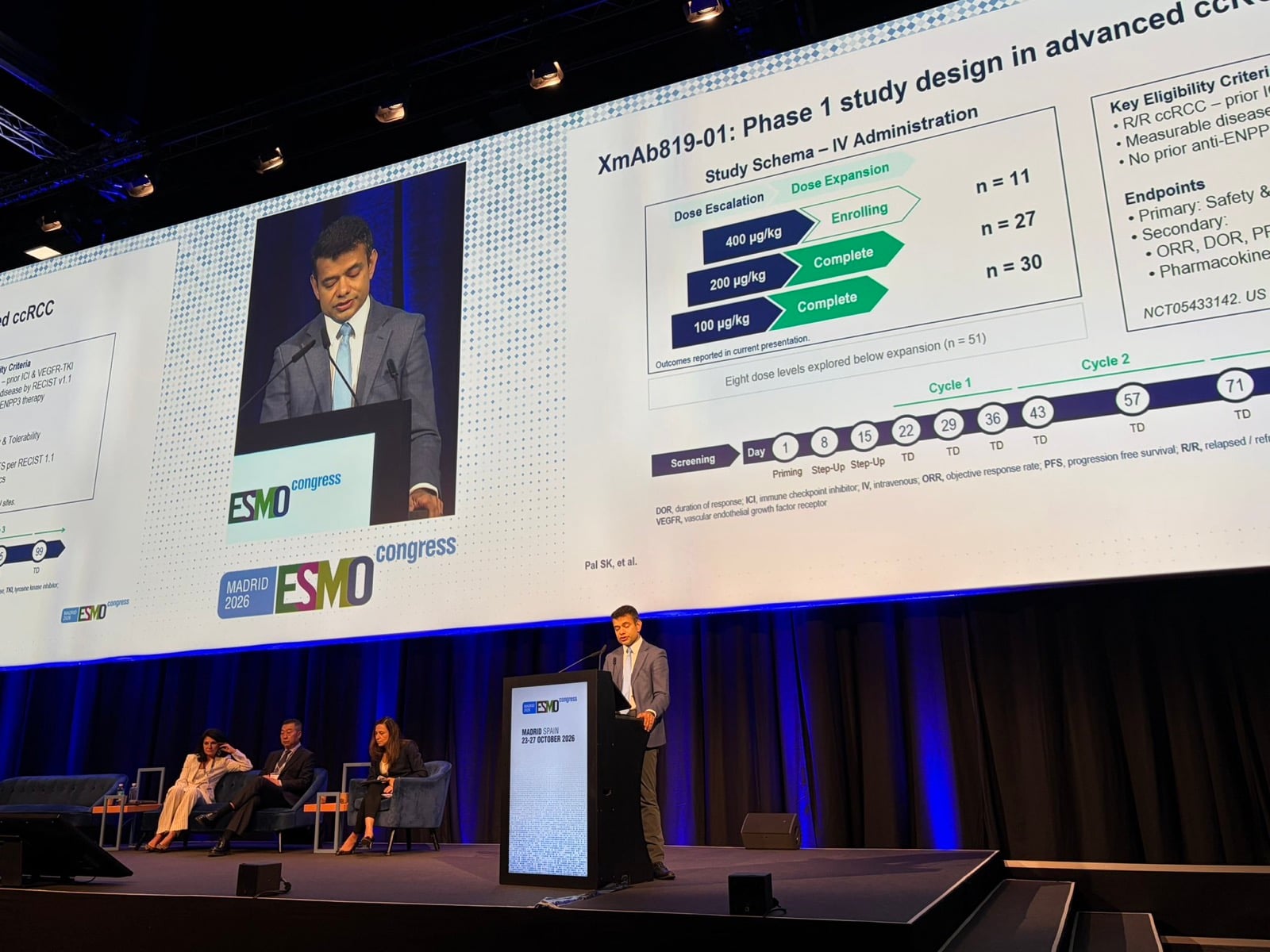 Daniel Heng ESMO 2026 slide photo: XmAb819-01 Phase 1 study design in advanced ccRCC, IV dose escalation and dose expansion cohorts, presented by Sumanta K. Pal