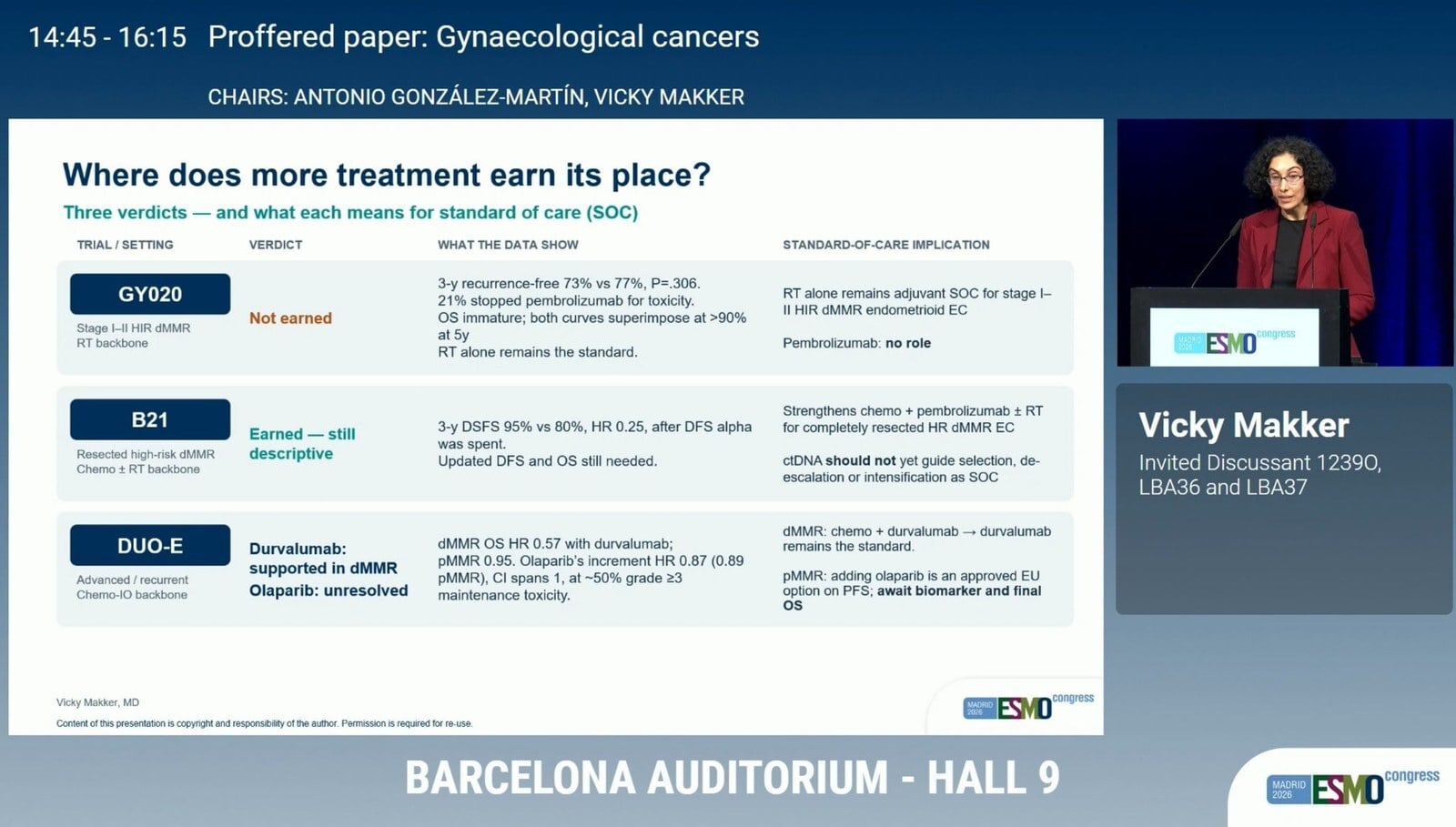 Amol Akhade ESMO 2026 slide photo: Vicky Makker discussant slide, Where does more treatment earn its place, verdicts for NRG-GY020, KEYNOTE-B21 and DUO-E in endometrial cancer
