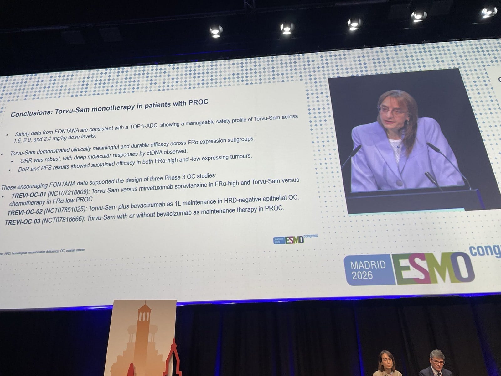 Jose Alejandro Perez Fidal ESMO 2026 slide photo: FONTANA conclusions for torvutatug samrotecan monotherapy in platinum-resistant ovarian cancer, efficacy across FR-alpha expression subgroups and three planned Phase 3 TREVI-OC studies, presented by Funda Meric-Bernstam