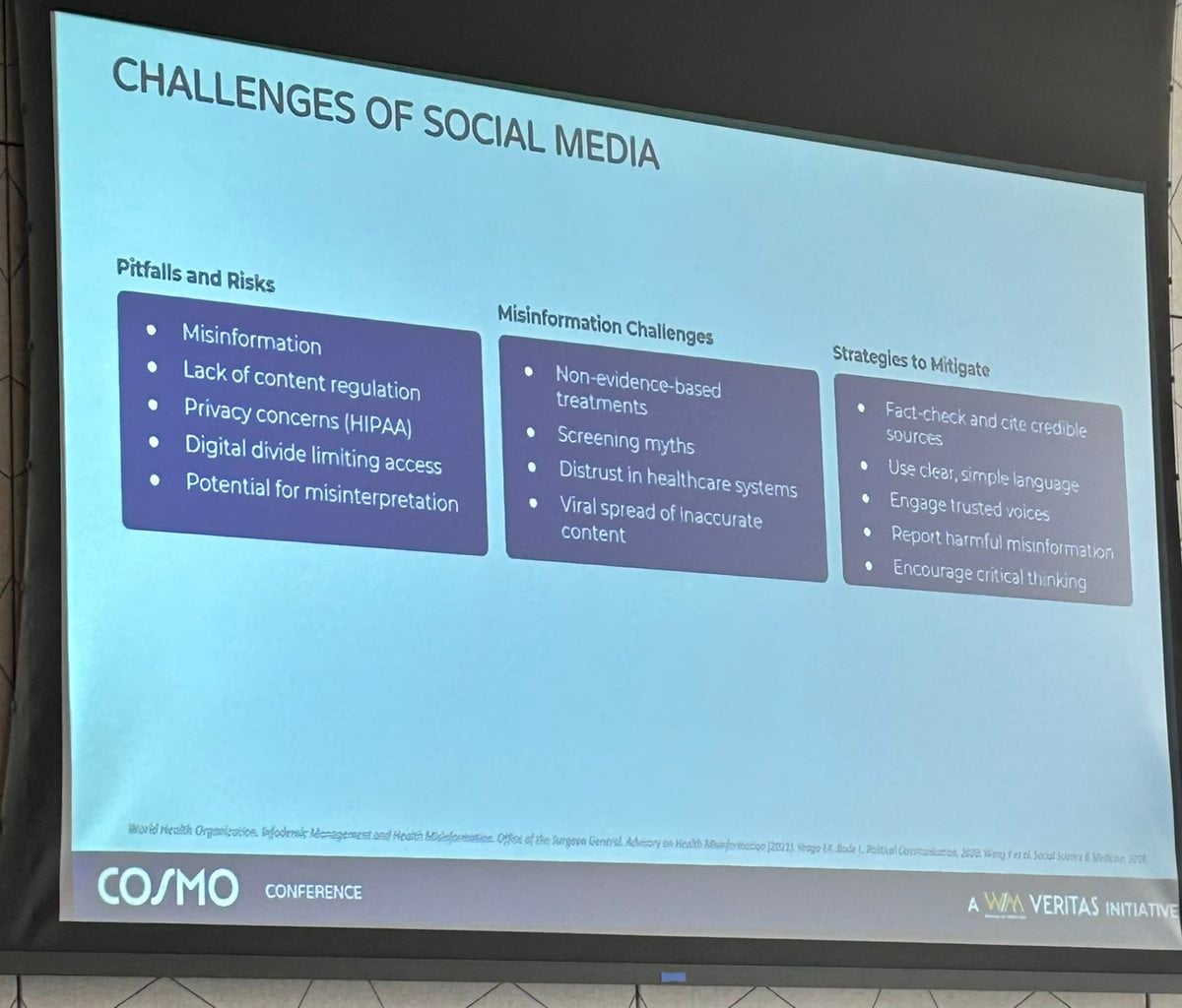 COSMO 2026 slide - pitfalls and risks of social media, misinformation challenges, and strategies to mitigate them