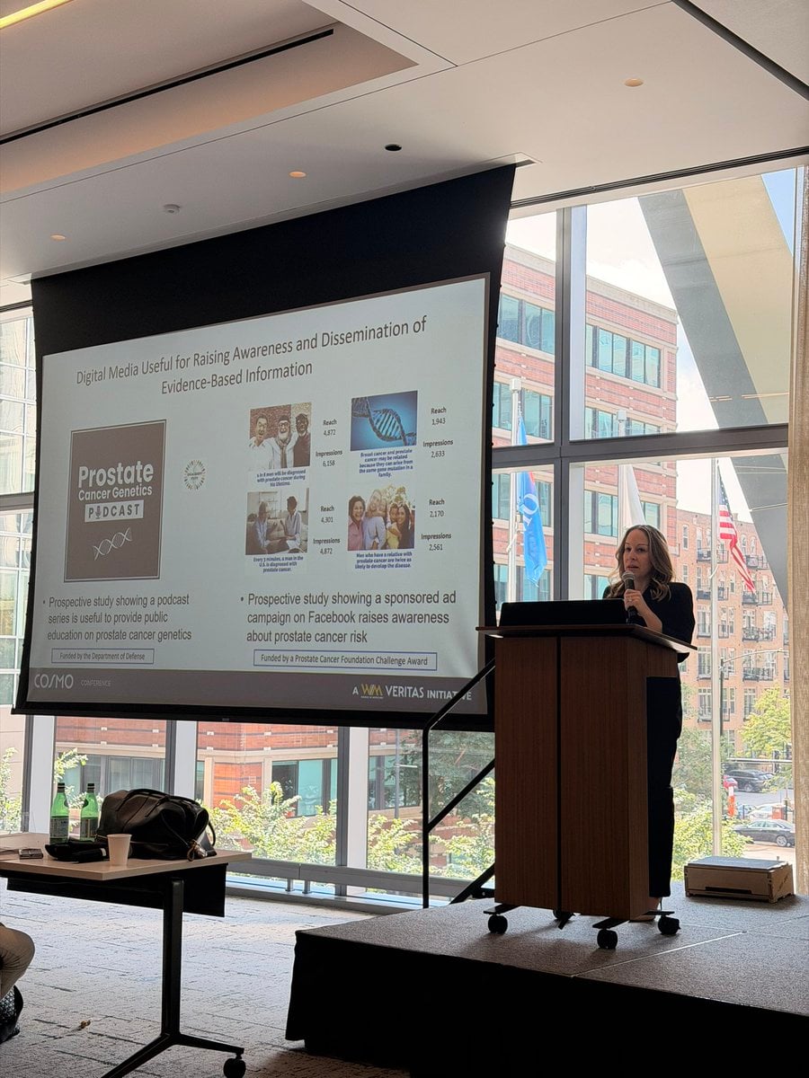COSMO 2026 slide - Stacy Loeb: reach and impression counts for a prostate cancer genetics podcast and a Facebook awareness campaign