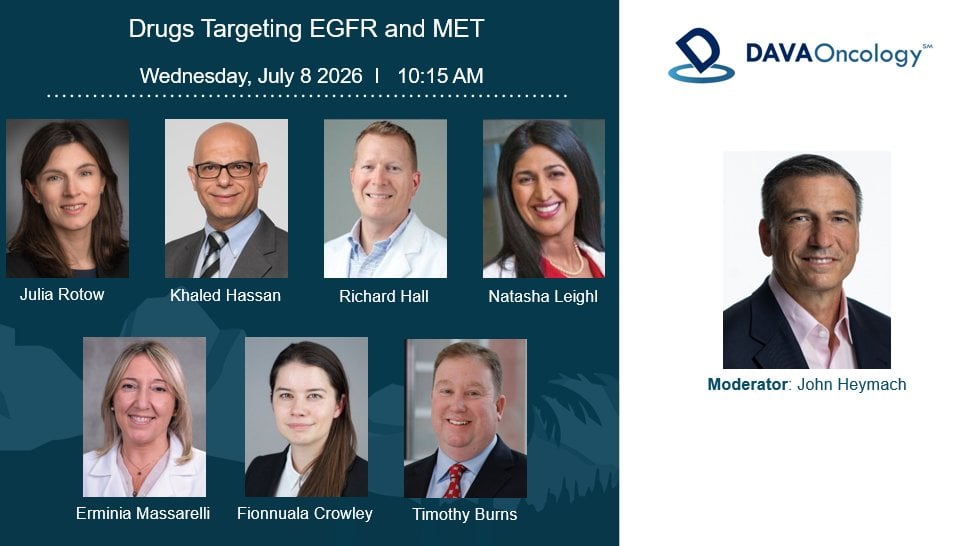 DAVA Lung 2026 (#DAVALung) session slide - Drugs Targeting EGFR and MET, moderated by John Heymach