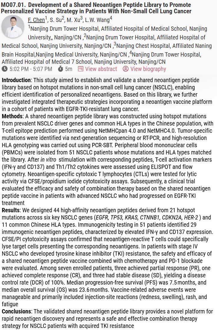 🆙 #WCLC26 #LCSM Mini Oral Session
🔥 Development of a Shared Neoantigen Peptide Library to