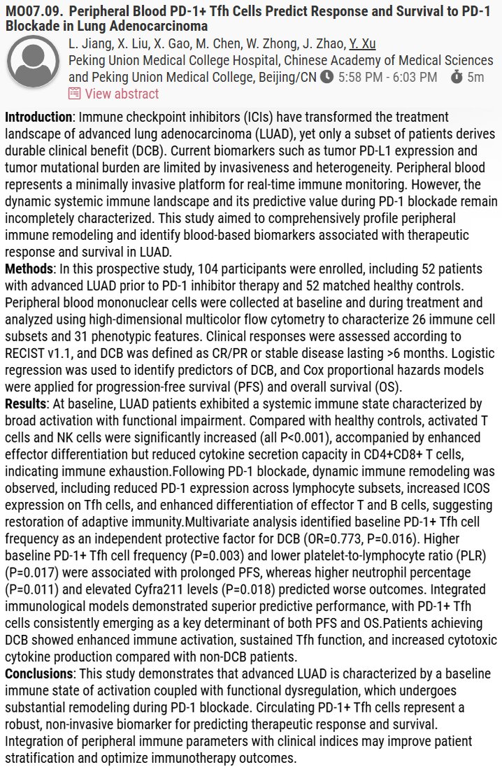 🆙 #WCLC26 #LCSM Mini Oral Session
🔥 Peripheral Blood PD-1+ Tfh Cells Predict Response and