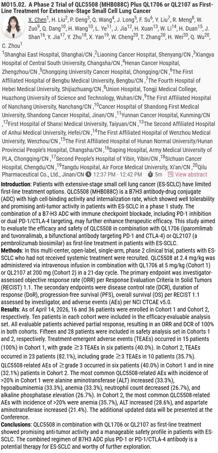 🆙 #WCLC26 #LCSM Mini Oral Session
🔥 A Phase 2 Trial of QLC5508 (MHB088C) Plus QL1706 or QL