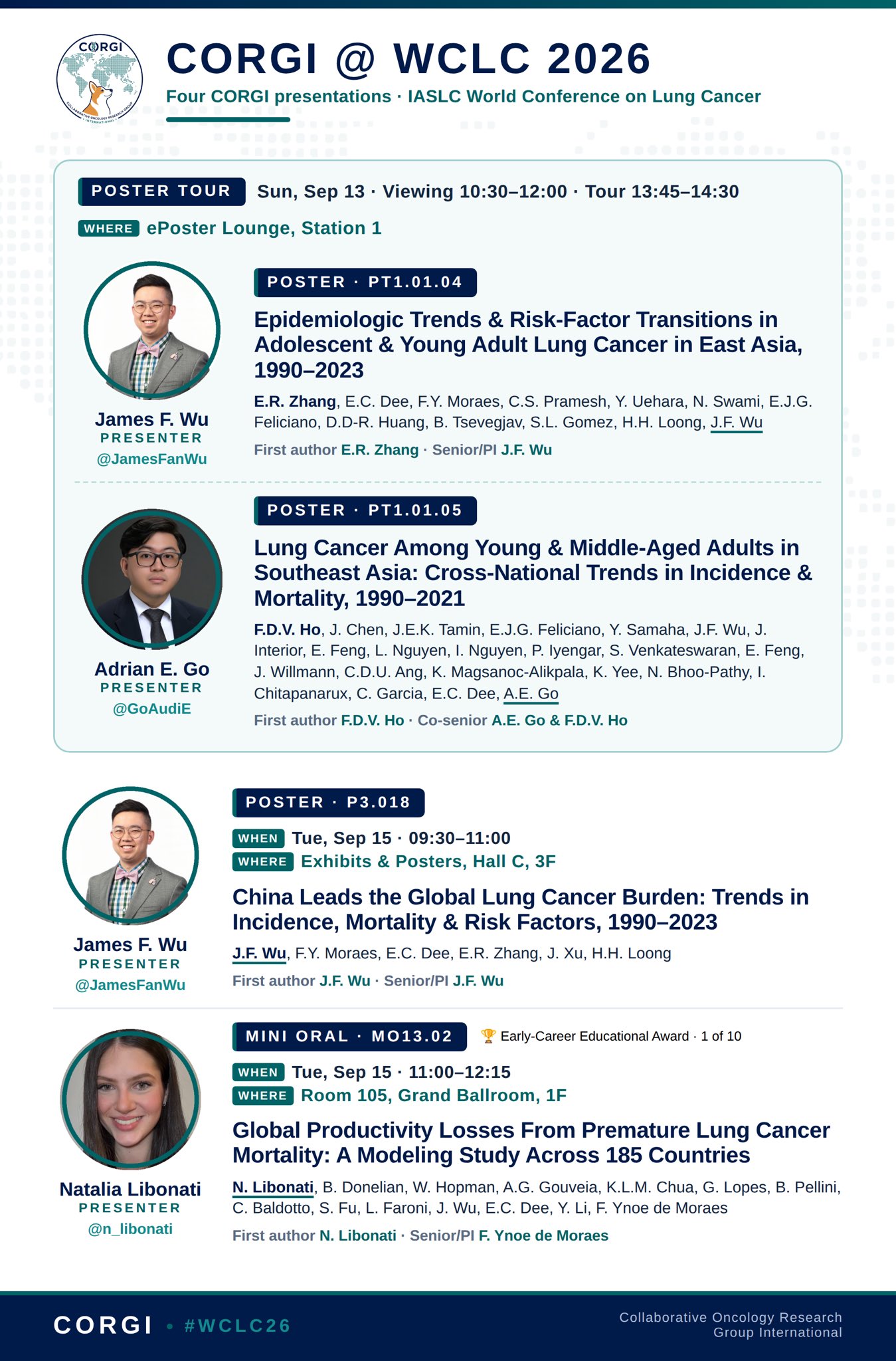 🐾 @TheCORGILab is at #WCLC26!
Four presentations at @IASLC #WCLC26:
📍 @JamesFanWu ×2 — AY