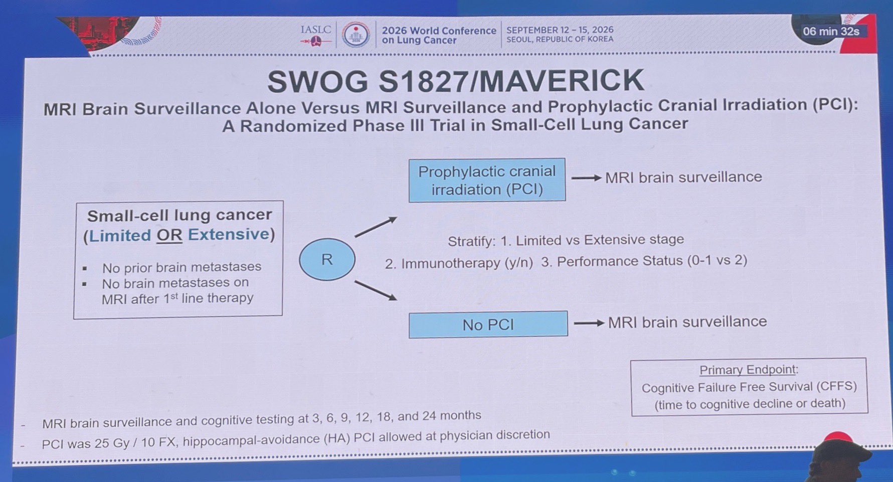 MAVERICK
👉LS & ES-SCLC
👉PCI v MRI surveillance
MRI
✅🔼 CFFS, HR 0.60, both LS & ES
✅No di