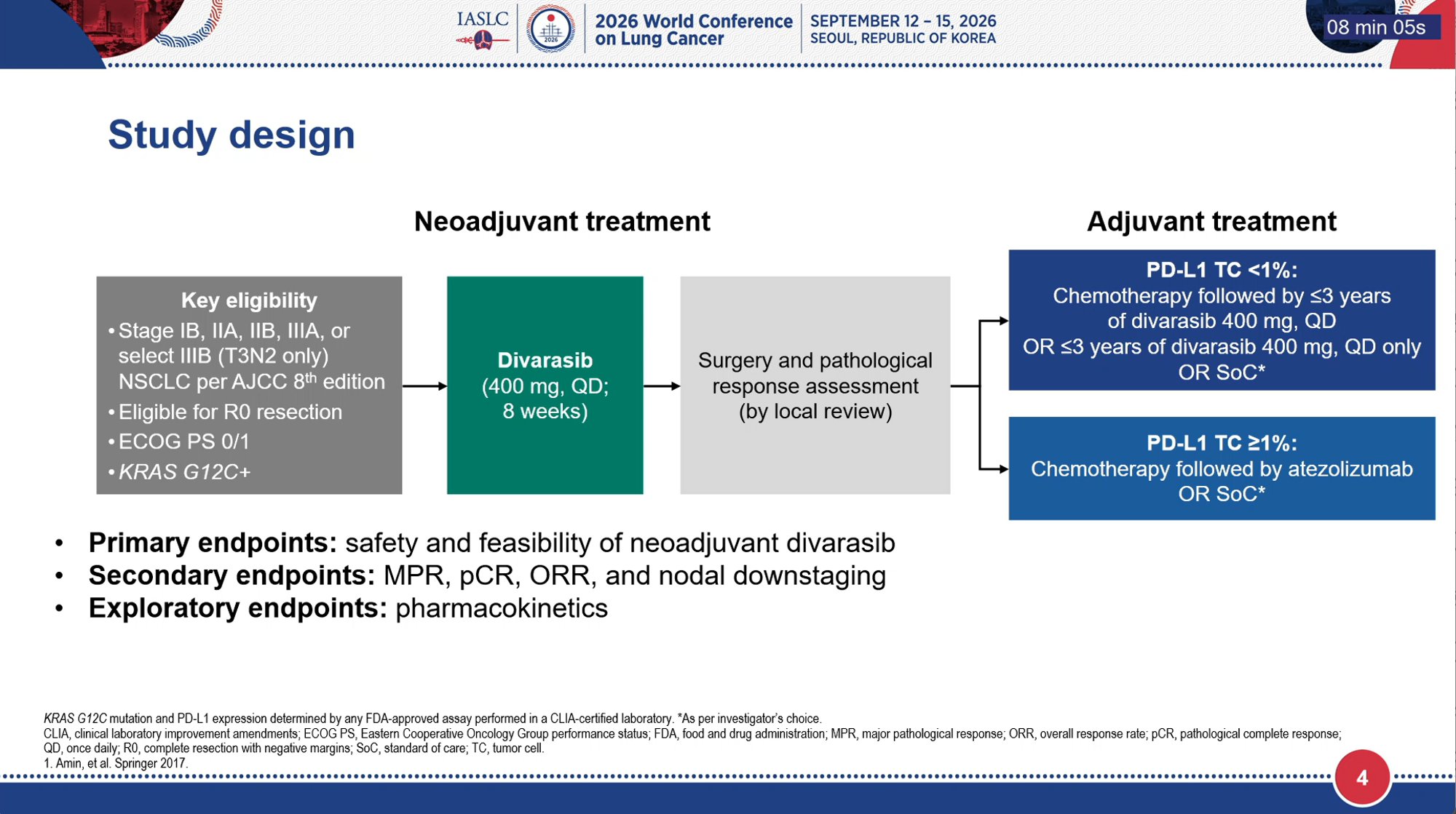 NAUTIKA1 WCLC 2026 presentation slide - divarasib cohort study design: neoadjuvant divarasib 400 mg QD 8 weeks, surgery, PD-L1-directed adjuvant phase