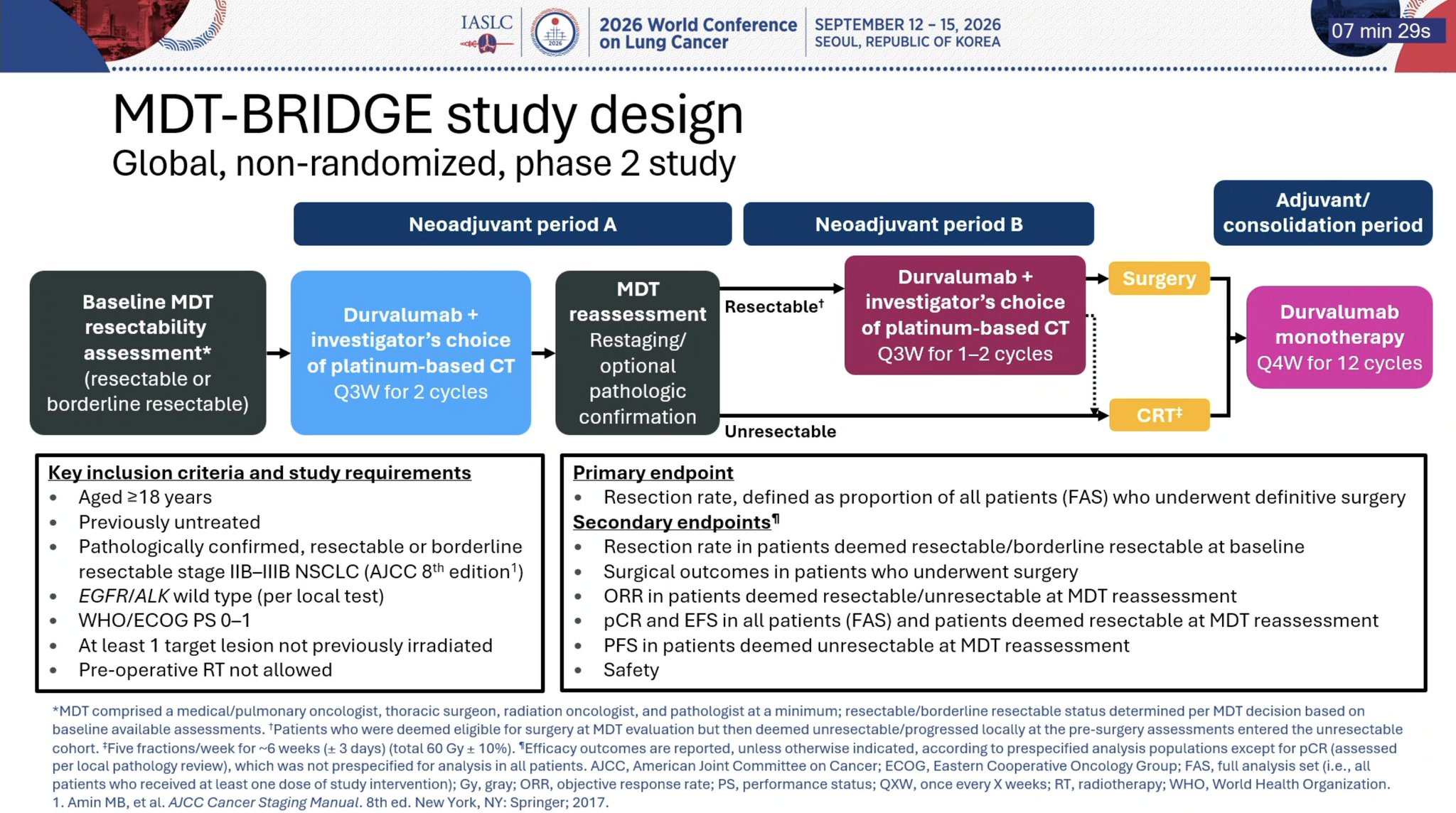 MDT-BRIDGE WCLC 2026 slide shared by @StephenVLiu - Dr. @MartinReck2 presents MDT-Bridge at #WCLC26: pts with resectable o