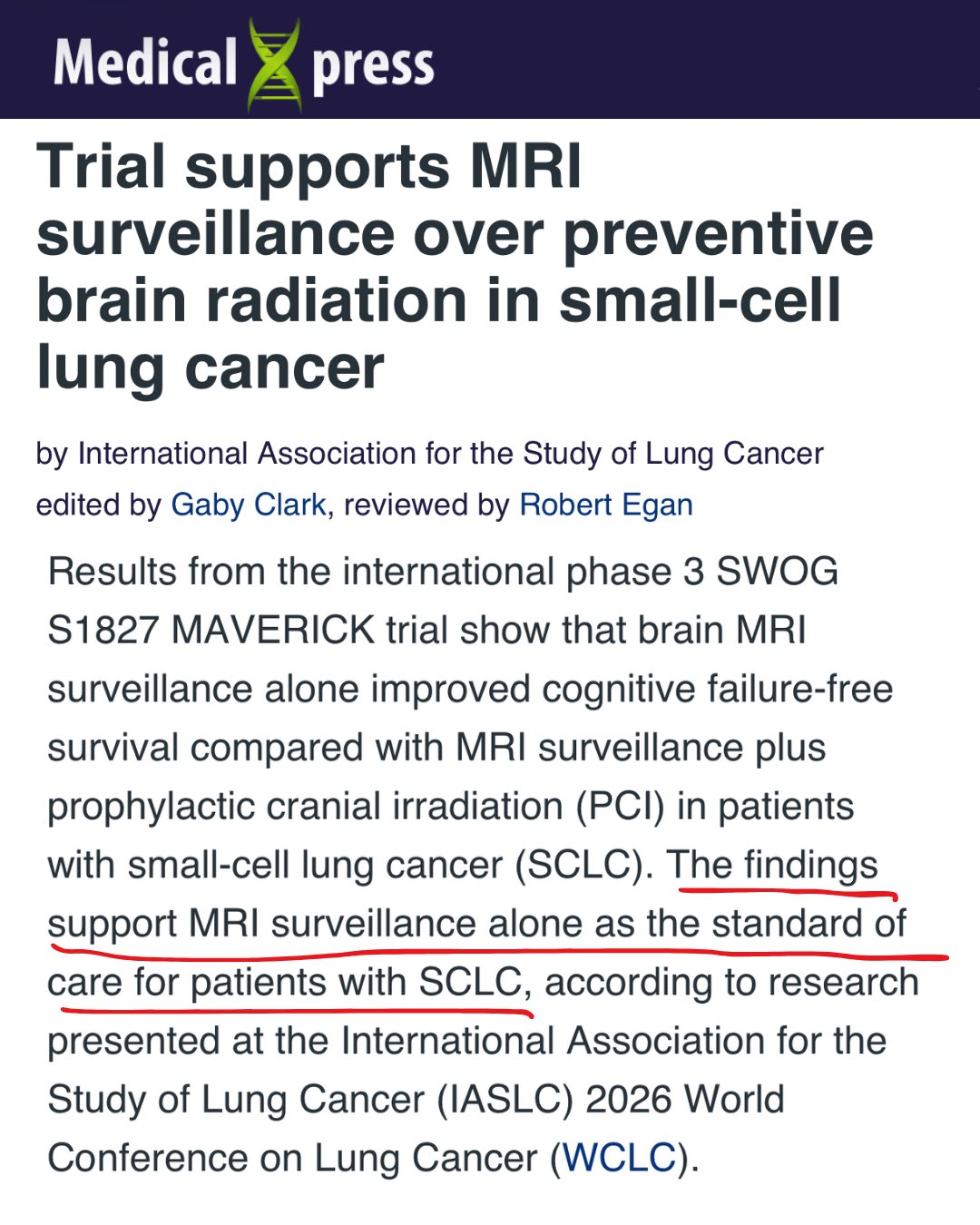 🧠 Presented at #WCLC26 today: Phase 3 MAVERICK could change follow-up for small cell #lung