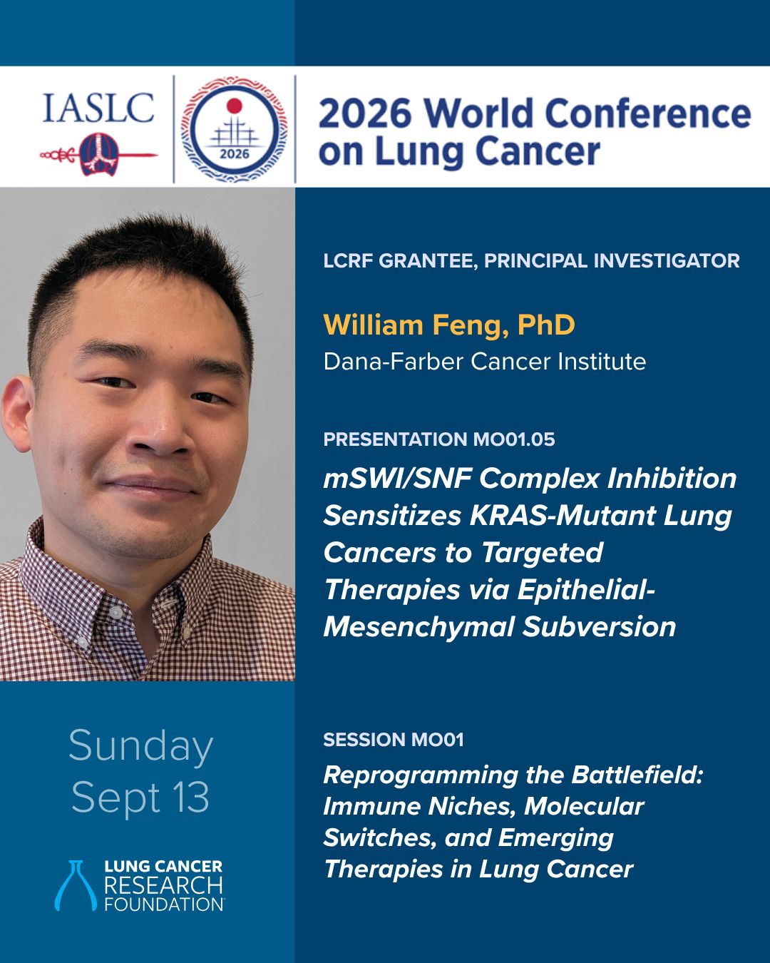 Presenting today at the World Conference on Lung Cancer: LCRF grantee Dr. William Feng.
#