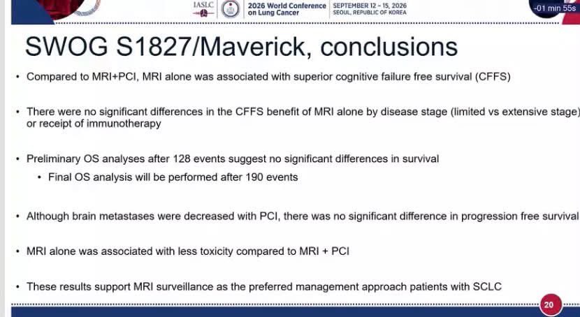 📍#WCLC2026: SWOG S1827/MAVERICK may reshape the role of PCI in SCLC.
Among patients witho