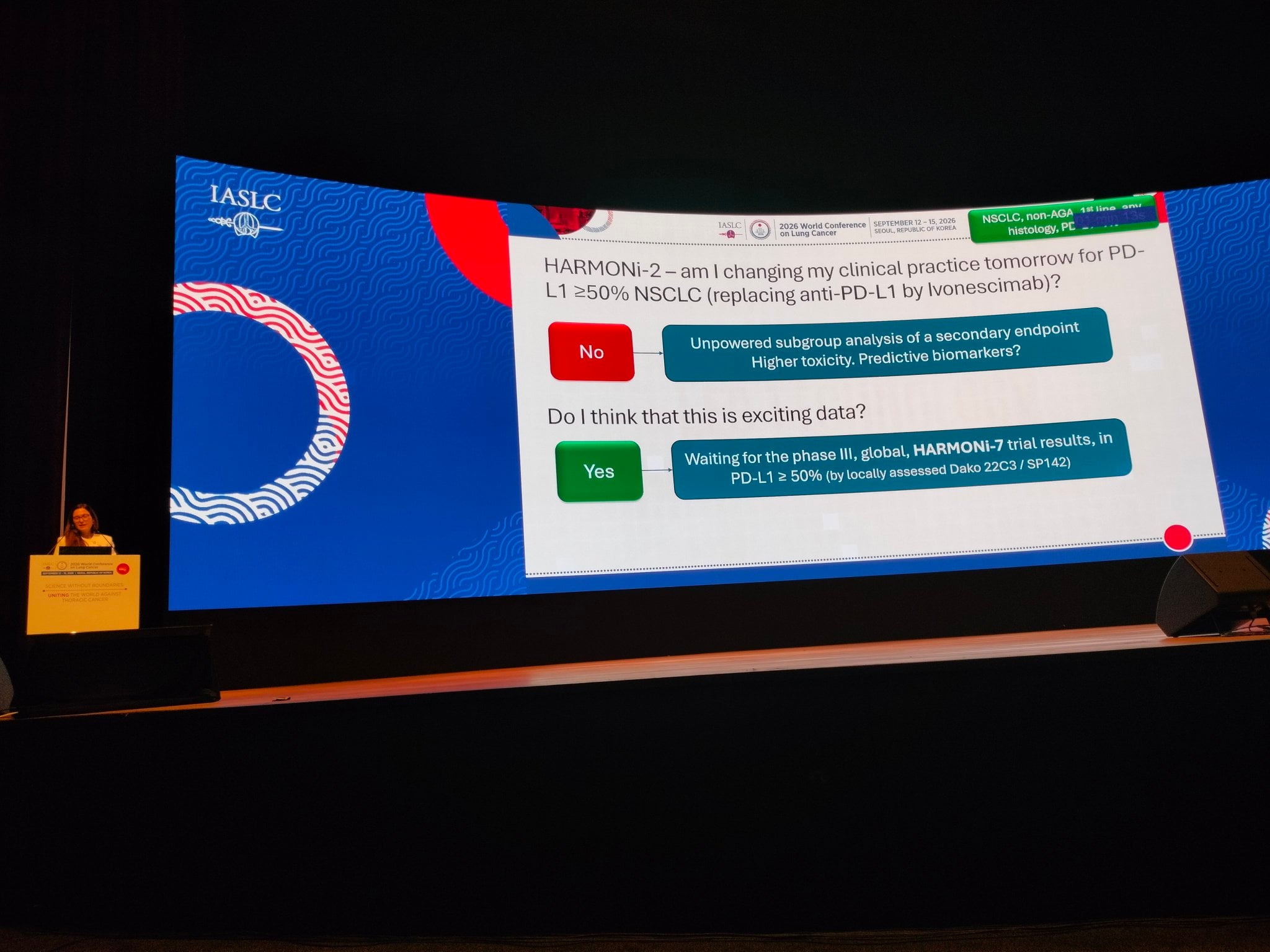 @MarianaBrandao0 giving a very comprehensive discussion of 5 oral abstracts at #WCLC2026.