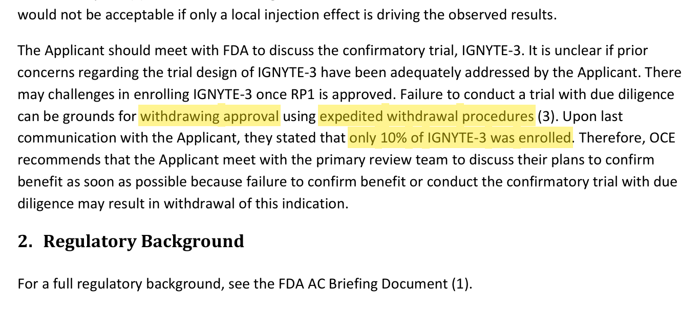 FDA OCE Review - only 10 percent of IGNYTE-3 enrolled at approval, expedited withdrawal language highlighted