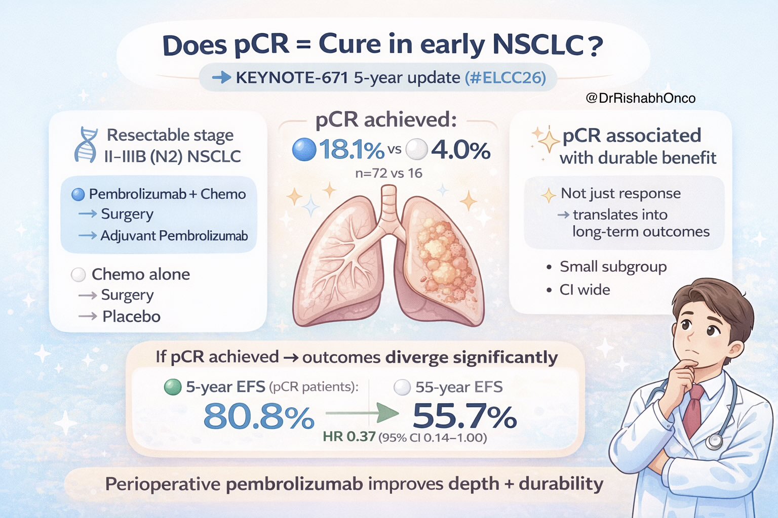 KOL-made infographic on whether pathologic complete response predicts cure in early NSCLC, KEYNOTE-671 five-year update